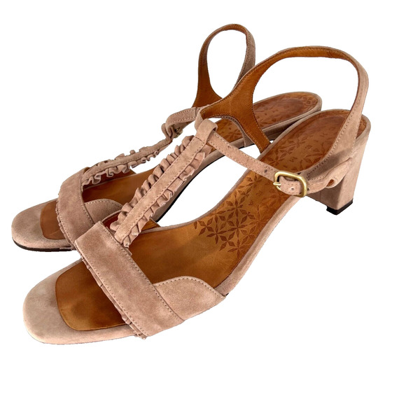 Chie Mihara Laubo Suede Sandals Strappy Heels Ruffle T-Strap Pink Size 41 US 11 - Picture 1 of 14